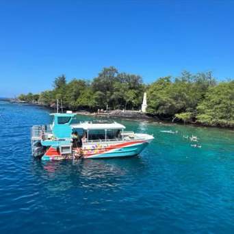 Colorful boat with snorkelers in clear blue water near a green, tree-lined shore on a sunny day.