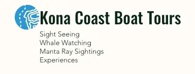 Logo with 'Kona Coast Boat Tours' and a list of activities. Blue circular icon with a wave.