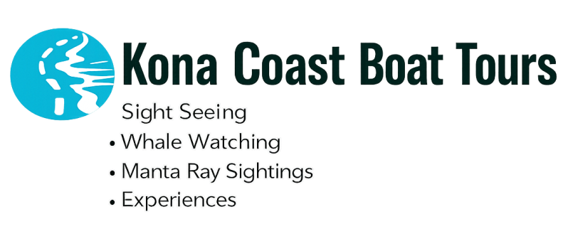 Logo for Kona Coast Boat Tours with icons for sightseeing, whale watching, manta ray sightings.